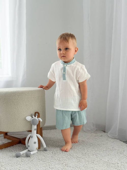 Completo bambino Alex - maglietta bianca con colletto azzurro e pantaloncini