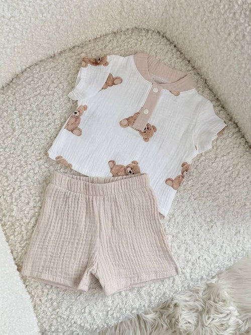 Completo bambino Alex - maglietta con orsetti e pantaloncini beige